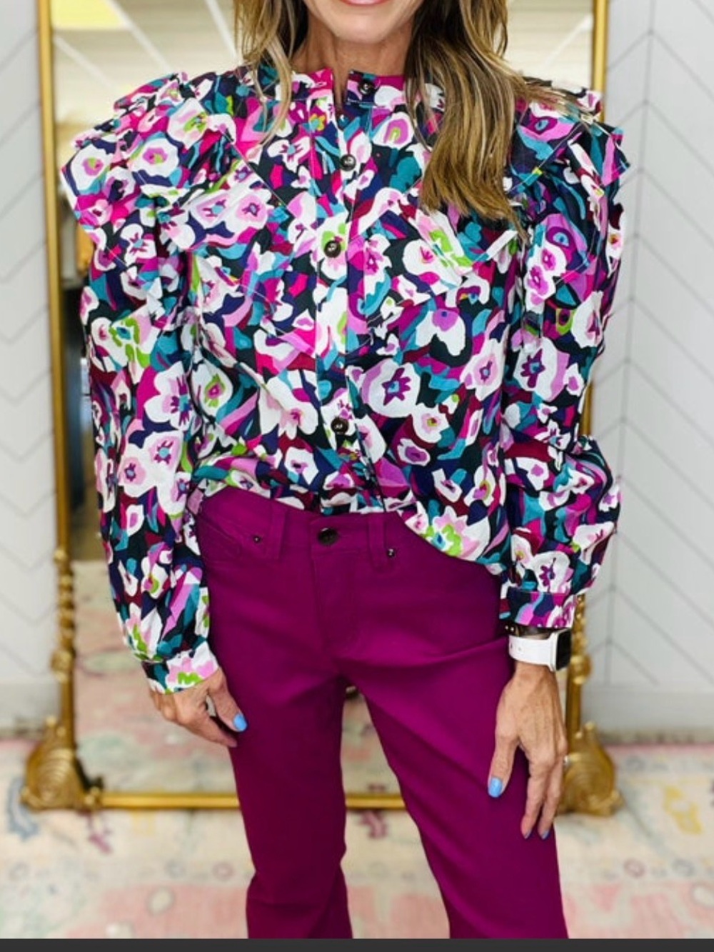 Jodifl small long sleeve floral ruffle top.